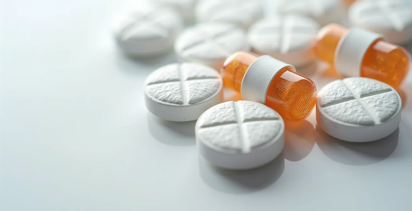 Détail microscopique de comprimés pharmaceutiques montrant leur texture et composition