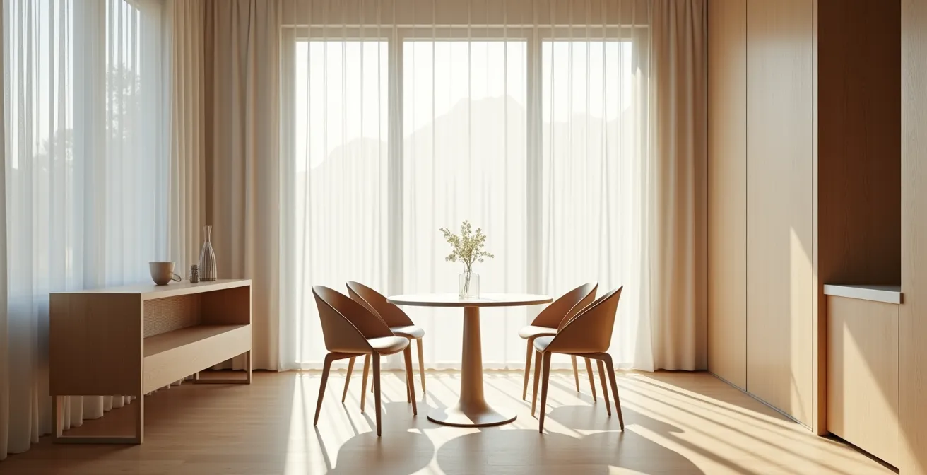 Axe Environnemental & Minimaliste : Espace épuré d'une table gastronomique avec jeu de lumière naturelle