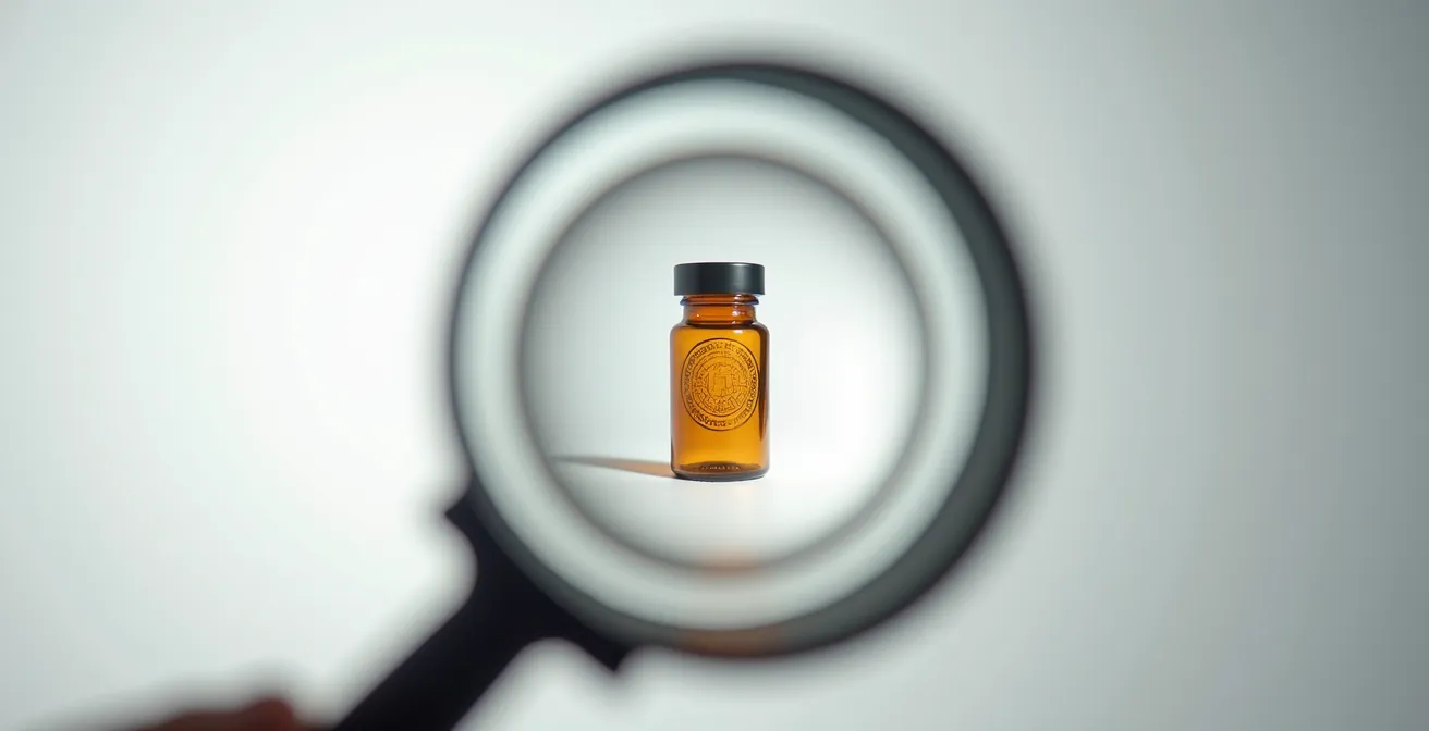 Loupe grossissante examinant l'étiquette d'un complément alimentaire pour vérifier son authenticité