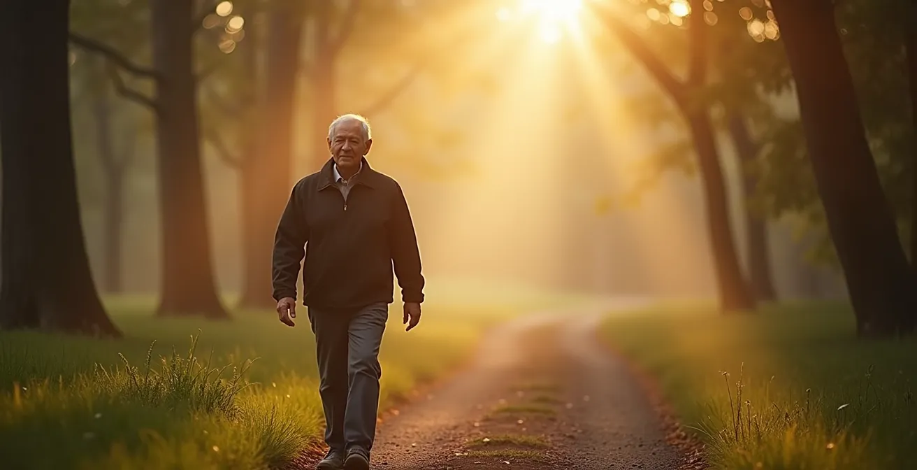 Personne âgée marchant sereinement dans la nature au lever du soleil