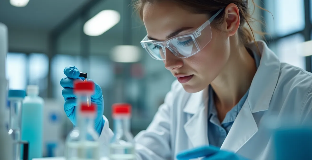 Technicien en laboratoire pharmaceutique effectuant un contrôle qualité sur des compléments alimentaires