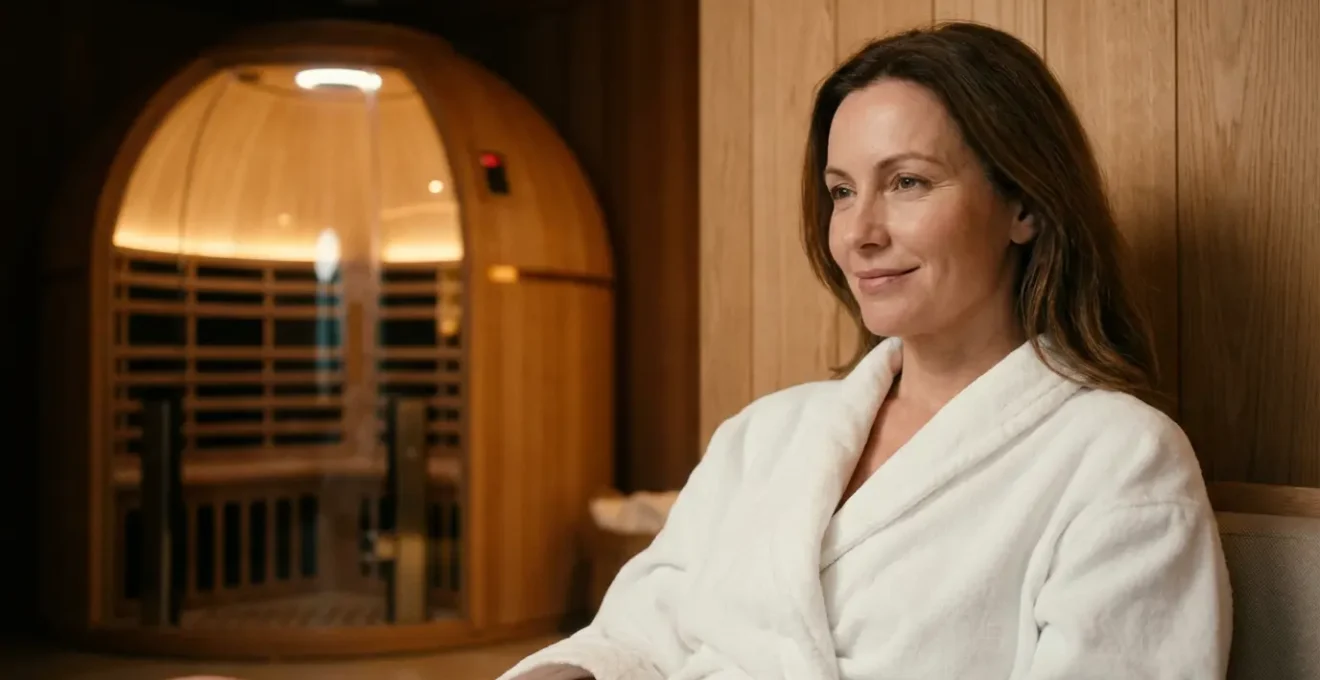 Femme détendue en peignoir dans espace bien-être avec équipement infrathérapie