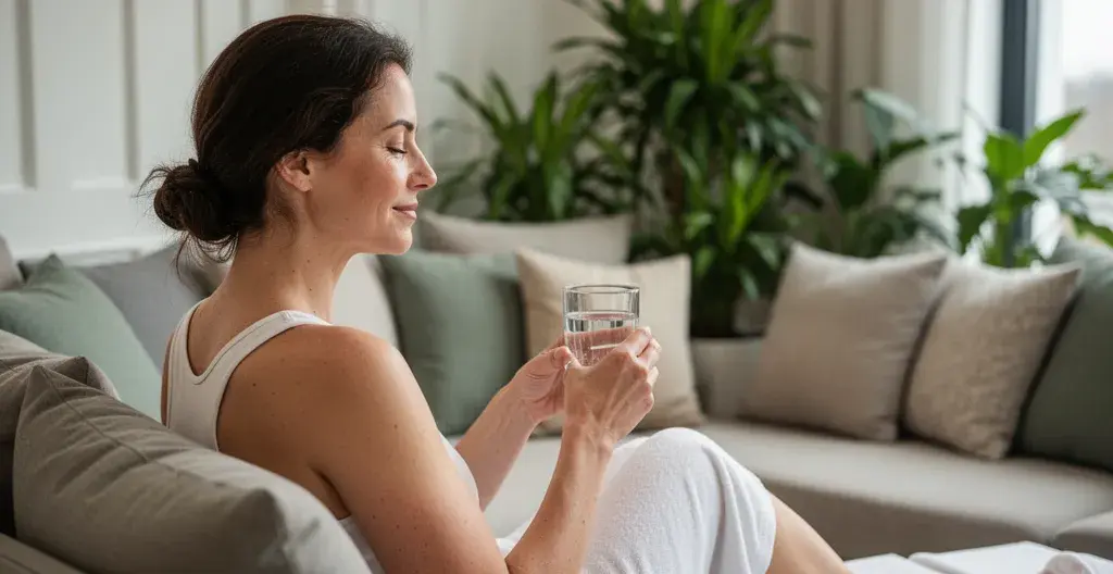 Femme détendue après séance d'infrathérapie avec verre d'eau