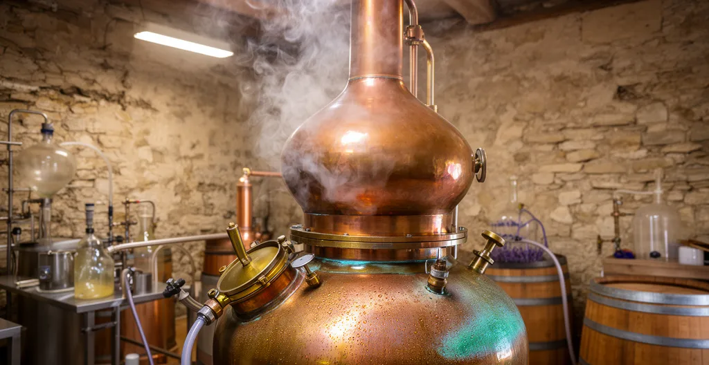 Alambic traditionnel en cuivre produisant de la vapeur dans une distillerie artisanale provençale