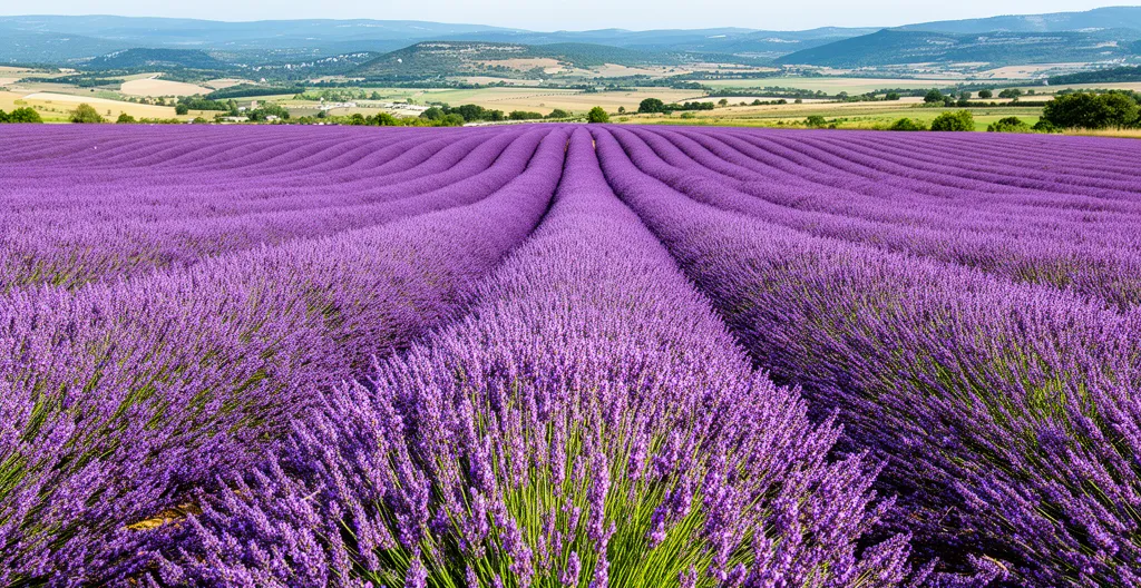 Champs de lavande en fleur dans le Luberon avec collines provençales en arrière-plan