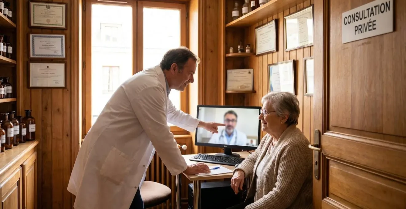 Pharmacien aidant un patient lors d'une téléconsultation médicale dans un espace dédié d'une pharmacie