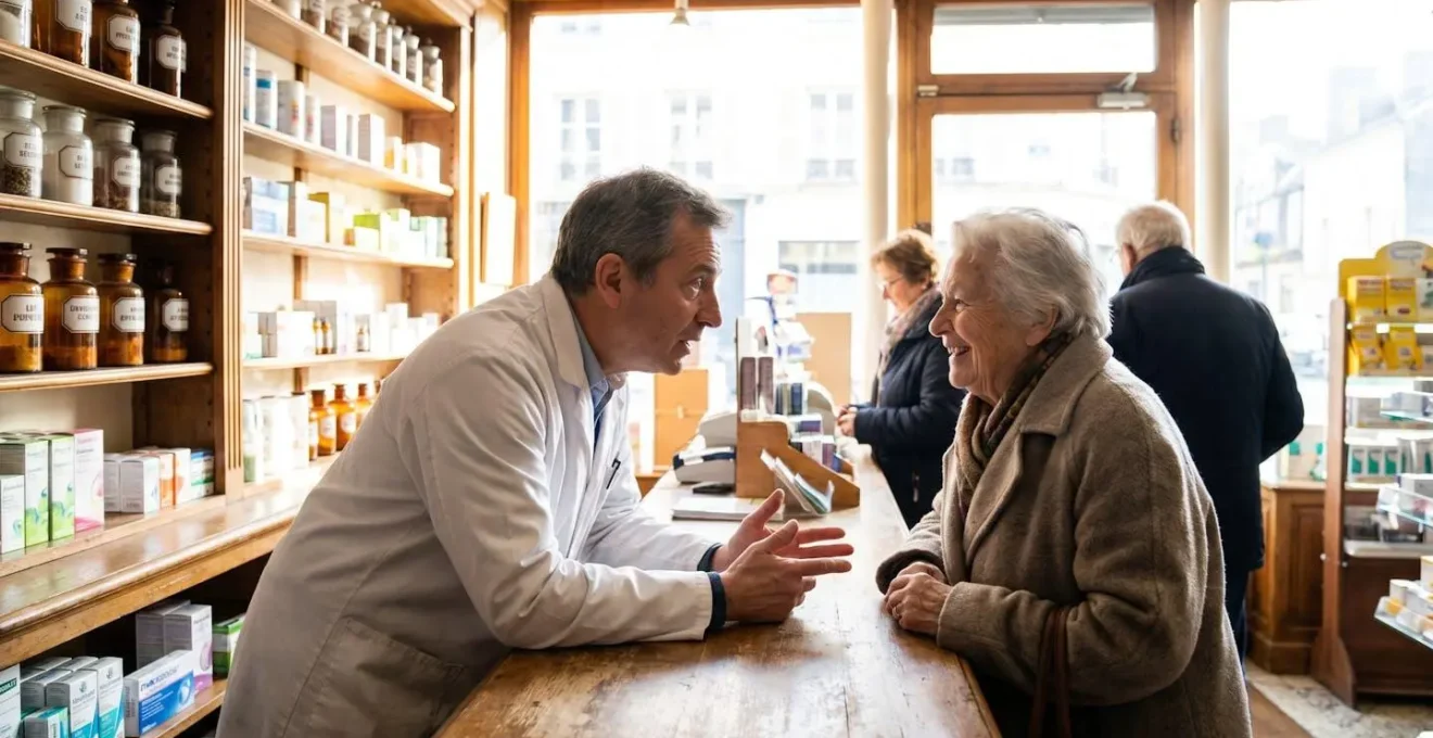 Pharmacien en blouse blanche conseillant un patient âgé dans une officine lumineuse moderne, en France