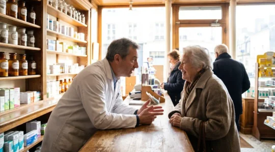Pharmacien en blouse blanche conseillant un patient âgé dans une officine lumineuse moderne, en France