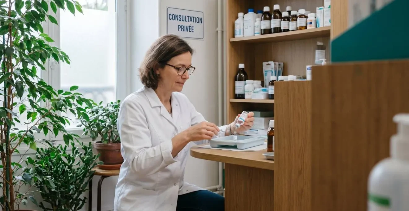 Pharmacienne préparant une vaccination dans un espace de confidentialité d'une officine française